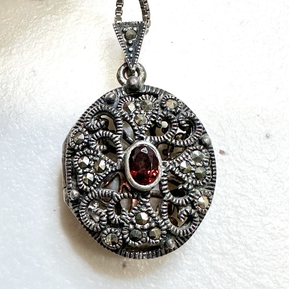 Vintage Sterling Silver 925 Marcasite Filigree Locket Necklace Long